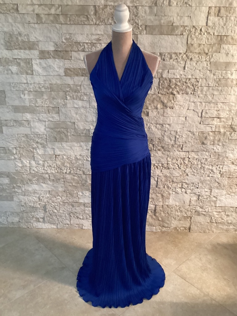 Halston Heritage Royal Blue Pleated Halter Gown